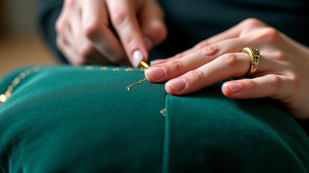 Artisans hands working on luxury textile embroidery